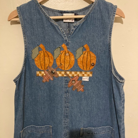 Beverly’s Pumpkin Fall Vintage Denim Sleeveless Jumper Dress Women’s Size 14 - Picture 2 of 5